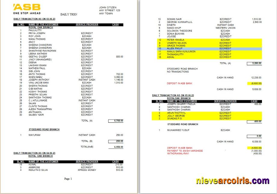 New Zealand ASB bank statement Word and PDF, 2 pages